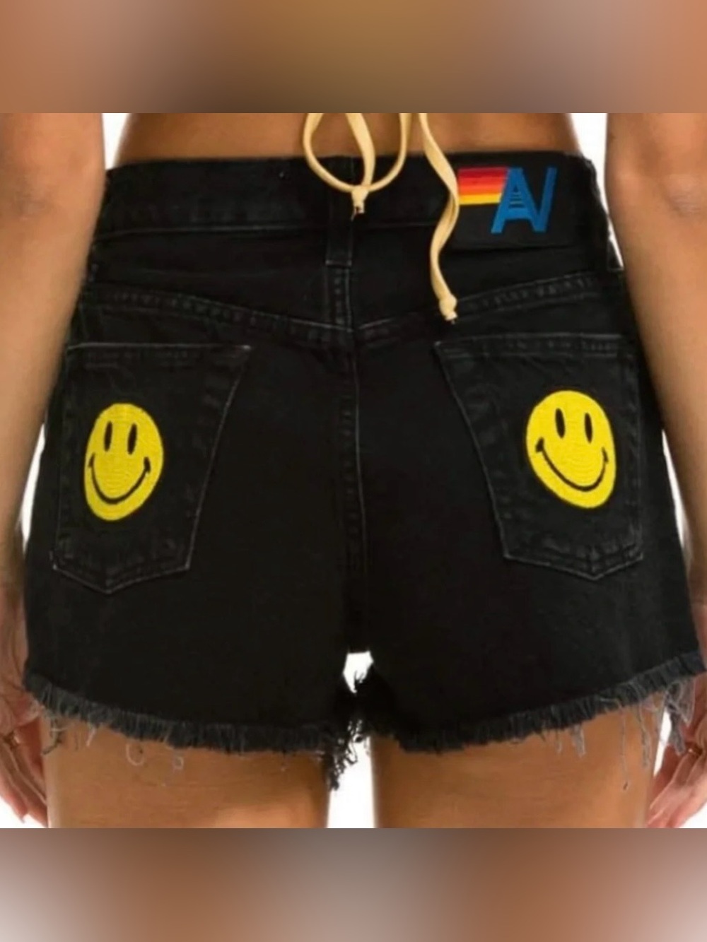 Aviator Nation Keep Smiling Mid Rise Smiley Face Jean Denim Shorts Vintage Black - Picture 10 of 13